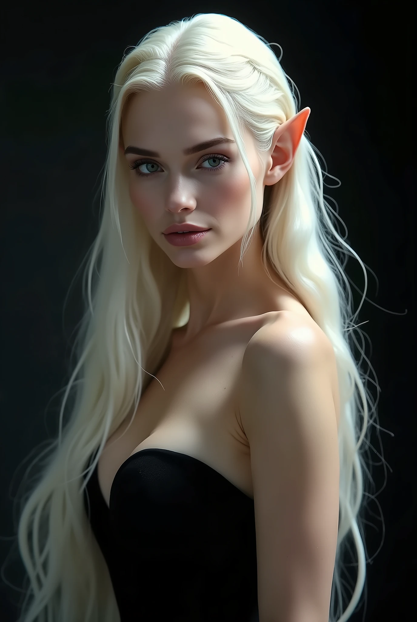 ELVE WOMAN WITH AN HYBRID FACE BETWEEN CLAUDIA SCHIFFER AND GISELE BUNDCHEN , BUST IMAGE STYLE, STUDIO IMAGE STYLE, BLACK INFINITE BACKGROUND, DIFFUSED LIGHTS ON FACE, STRONG BACK LIGHTS, CLOSE FACE SHOT, PLATINUM LONG HAIR, HUGE STRAIGHT LONG HAIR, VERY VOLUMOUS HAIR, PLATINUM EYEBROWS, VERY PALE SKIN, LIGHTNING SKIN LIKE SNOW, HIGH CHEEKBONES, ROSY CHEEKS, GORGEOUS LIPS, SOFT LIPSTICK, EXPOSED TIP EARS, FREE COLLAR BODY REGION, VOLUMOUS BREASTS, STRAPLESS CLEAVAGE, STRAPLESS LONG DRESS, LONG BLACK DRAPEED DRESS, ENIGMATIC FACE EXPRESSION, SIDE BODY VIEW,  FACE LOOKING AT CAMERA, MIDDLE ANGLE SHOT, 100 mm LENS, HIGH QUALITY IMAGE, MASTERPIECE, 8K