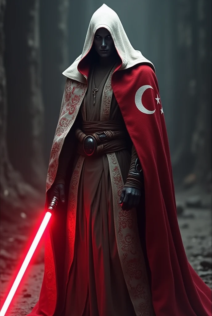 The country turkey as a Sith Lord from Star Wars, angular grey face, Star and moon on Cape, Cape red and white, red lightsaber, agressive, frightening, ultra-realistic