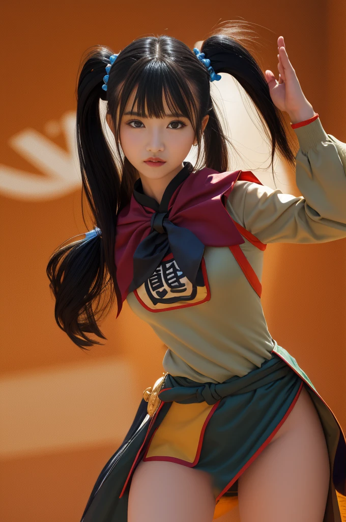 (masterpiece, Highest quality:1.1), Warrior (dq3), 1 person, alone, Long Hair, Twin tails, Looking at the audience, Black Hair, hair ornaments, Long sleeve, dress, Medium chest, Mouth closed, Cowboy Shot, black eye, Raise your arms, Chinese Language Services, Hair Bobble, Clenched hands, Preparing for battle, Simple Yin Yang background,Leg spread、Visible underwear、Photograph the whole body、Her breasts are showing