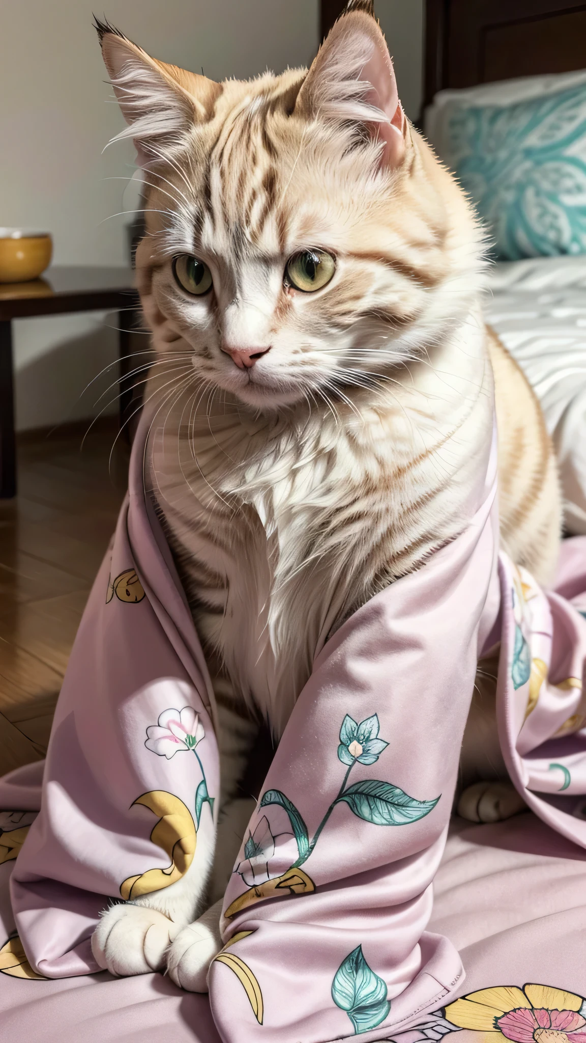 a cat wearing a kimono, detailed line art, coloring book style, animal portrait, detailed fur, cute expression, whimsical, soft colors, pastel palette, delicate, intricate details, elegant, traditional japanese art, manga influence, (best quality, 4k, 8k, highres, masterpiece:1.2), ultra-detailed, (realistic, photorealistic, photo-realistic:1.37), vibrant, clean lines, digital illustration