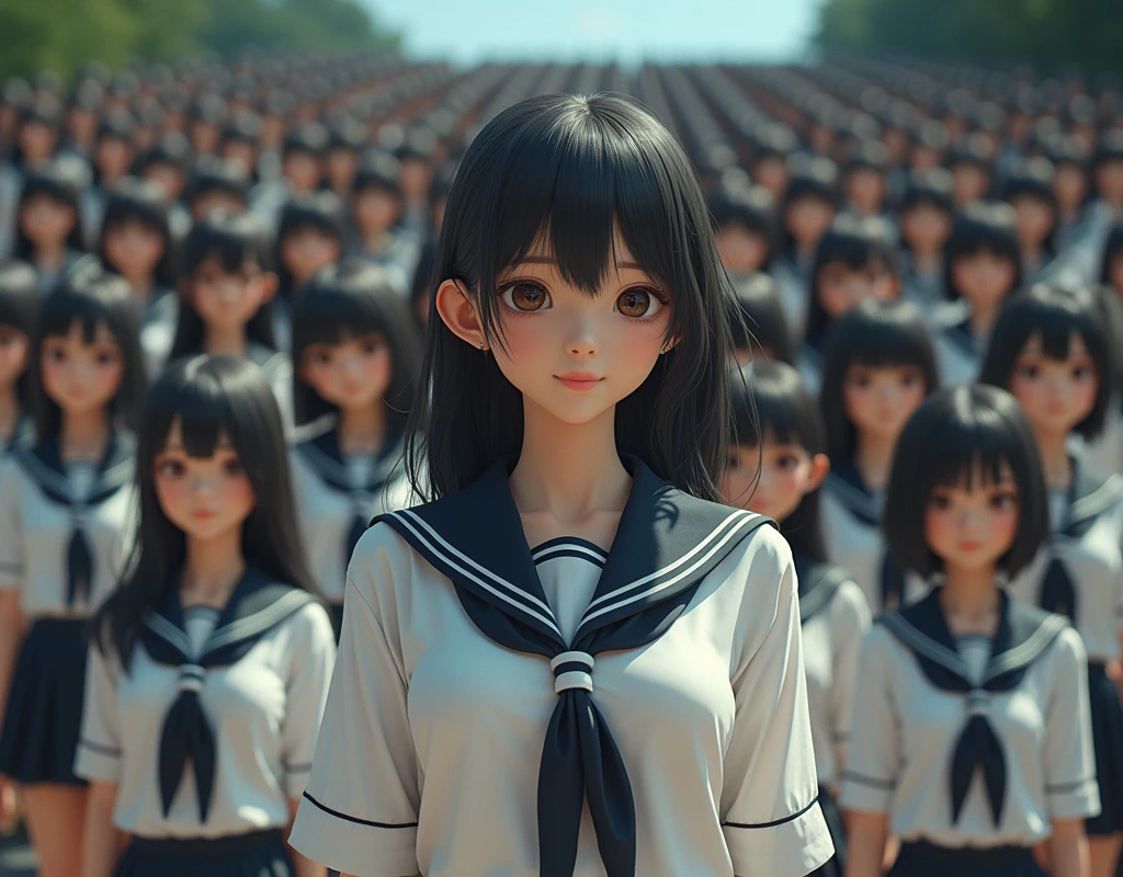 (Japanese Clone-girls=Myself), (Super Best masterpiece Clone-girls Raw Photography Art), (16K, Highest quality, Ultra-high resolution, RAW Photos), (It's so unrealistic., With unparalleled depiction, With an unfathomable sight, An unprecedented and shocking worldview, Clone-girls: In a world of mass reproduction, Ultra-realistic), (Japanese Girls, 16yo, Small face, Thick black hair, long hair, Dark Eyes, Mature face, Cute Smile, Smiling face, A gentle gaze, Very pleasant look), (Very beautiful detailed girls, Accurate body structure, Accurate body movements, Very detailed body, (Super big breasts, Large bulge of ample breasts)), ((Schoolgirl uniform, Short sleeve, mini skirt, Emphasise the fullness of your breasts)), (Very detailed, Myself cloning, Depiction of splitting oneself, 1Myself girl→1,000,000,000,000,000,000,000,000,000,000Myself cloning girls), (Myself clone girlsは, With the same perfect appearance without any difference, to multiply in large numbers), (Very detailed depiction, Myself's multiplying female body, In the same female body,With the same face, With the same hairstyle, In the same clothes, At the same height, 同じSuper big breastsで, The same female body that is completely indistinguishable, 1,000,000,000,000,000,000,000,000,000,000 people), (Myself girls only), (Academy, academic level, Commemorative photo depiction, Tiered stage photography, Happy smile, Front view)