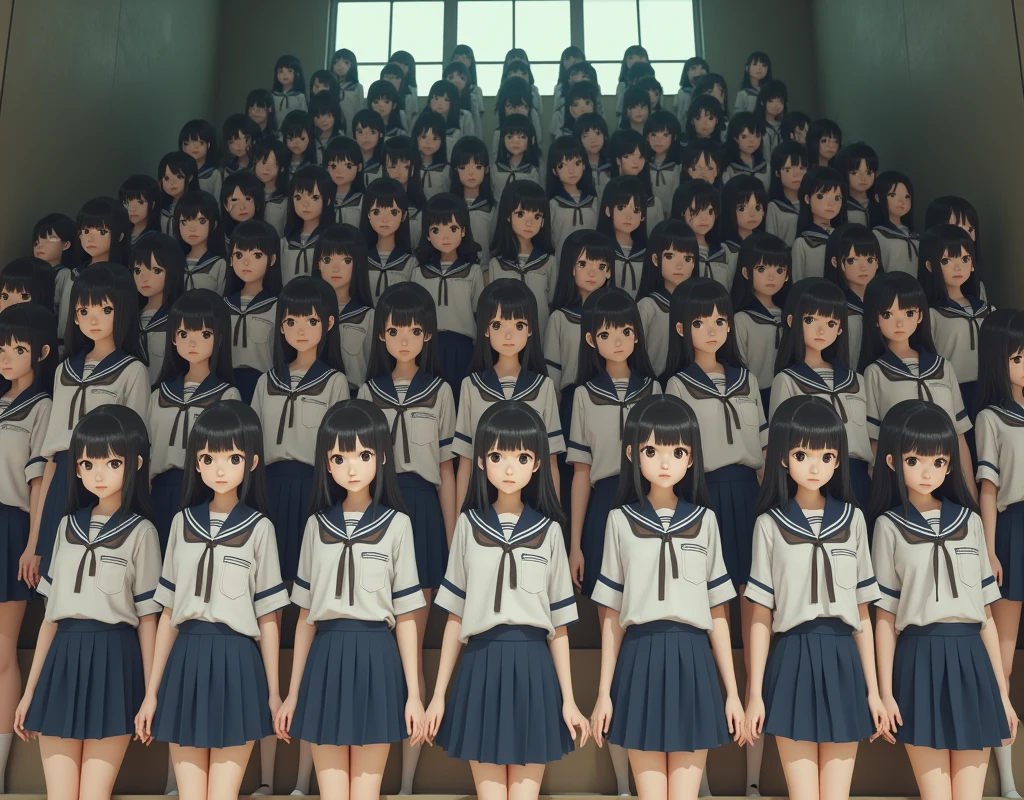 (Japanese Clone-girls=Myself), (Super Best masterpiece Clone-girls Raw Photography Art), (16K, Highest quality, Ultra-high resolution, RAW Photos), (It's so unrealistic., With unparalleled depiction, With an unfathomable sight, An unprecedented and shocking worldview, Clone-girls: In a world of mass reproduction, Ultra-realistic), (Japanese Girls, 16yo, Small face, Thick black hair, long hair, Dark Eyes, Mature face, Cute Smile, Smiling face, A gentle gaze, Very pleasant look), (Very beautiful detailed girls, Accurate body structure, Accurate body movements, Very detailed body, (Super big breasts, Large bulge of ample breasts)), ((Schoolgirl uniform, Short sleeve, mini skirt, Emphasise the fullness of your breasts)), (Very detailed, Myself cloning, Depiction of splitting oneself, 1Myself girl→1,000,000,000,000,000,000,000,000,000,000Myself cloning girls), (Myself clone girlsは, With the same perfect appearance without any difference, to multiply in large numbers), (Very detailed depiction, Myself's multiplying female body, In the same female body,With the same face, With the same hairstyle, In the same clothes, At the same height, 同じSuper big breastsで, The same female body that is completely indistinguishable, 1,000,000,000,000,000,000,000,000,000,000 people), (Myself girls only), (Academy, academic level, Commemorative photo depiction, Tiered stage photography, Happy smile, Front view)