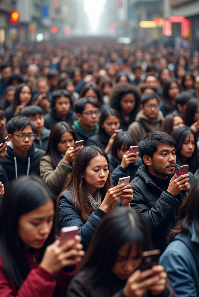 Many people together with a phone in their hand using it