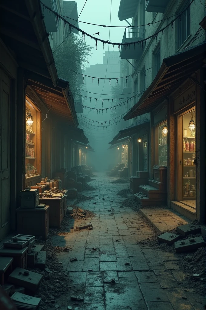 Abandoned shops, inside there is a scary atmosphere, things inside the shop are scattered.