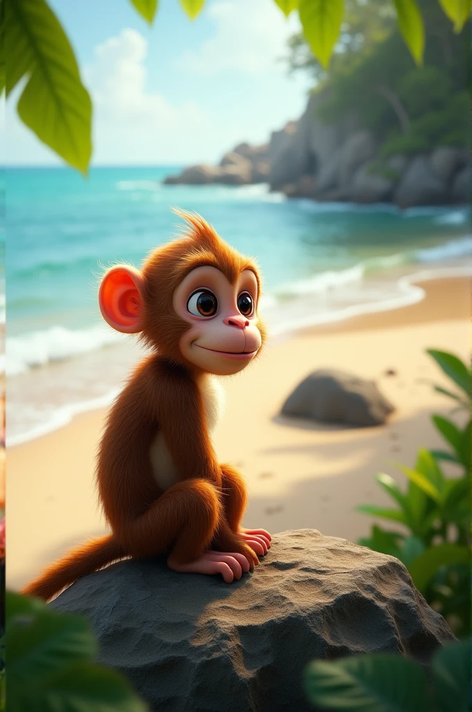 A monkey with viewing at the beach but with its back perspective