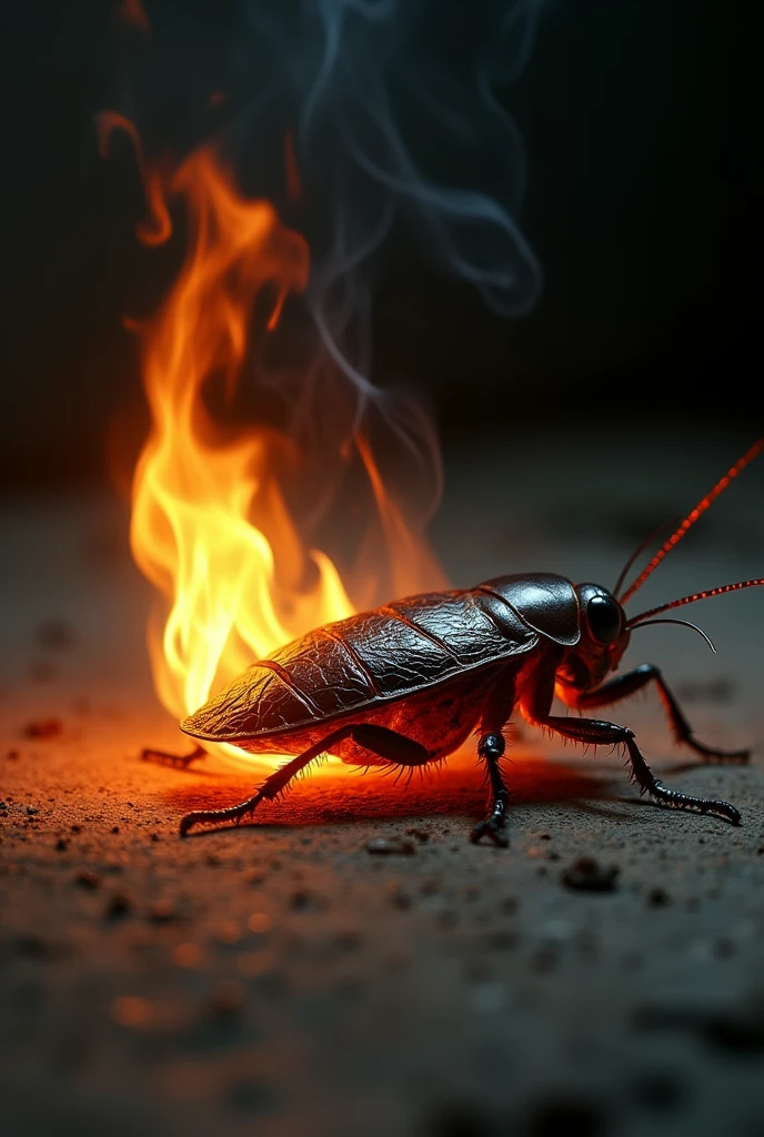 Cockroach in flames、lying face down on the ground, dead