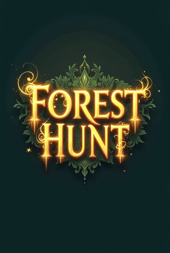 Create logo with the word Forest Hunt in a mystic & fantasy style. Font should be golden with enchanted vibe. Background should be plain