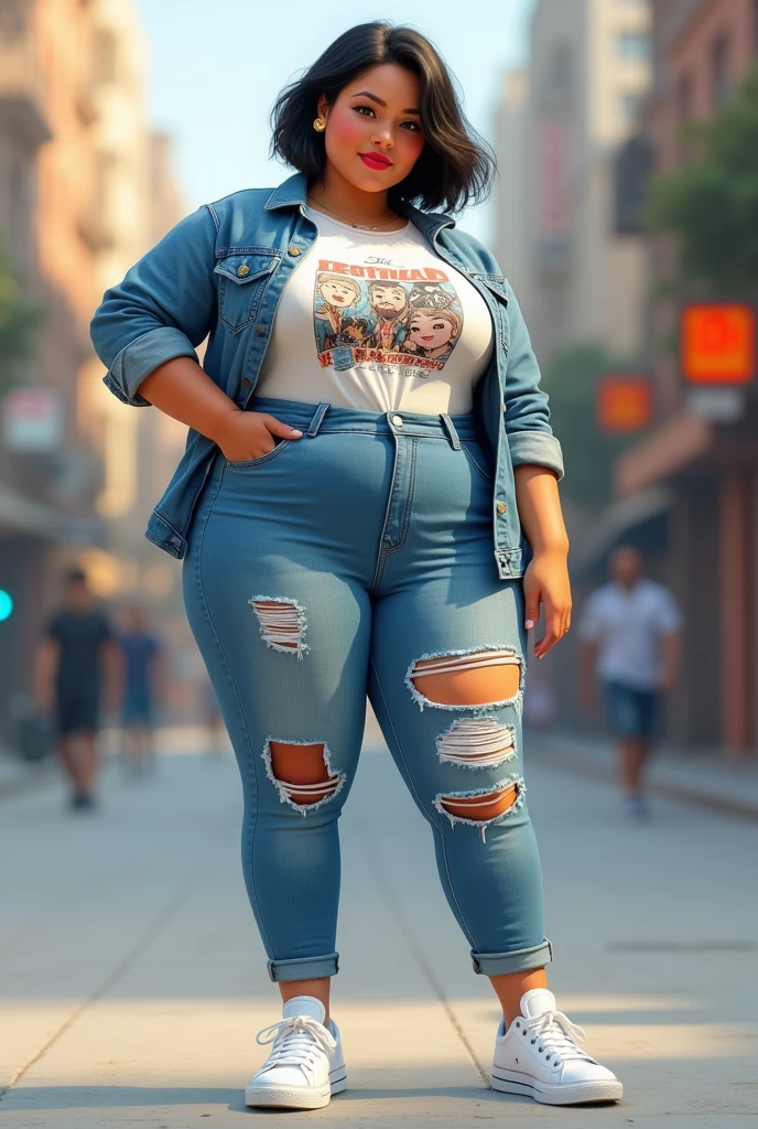 Fat Girl short hair black hair with ripped jeans and animate T shirt Demin jacket with White Shoes 