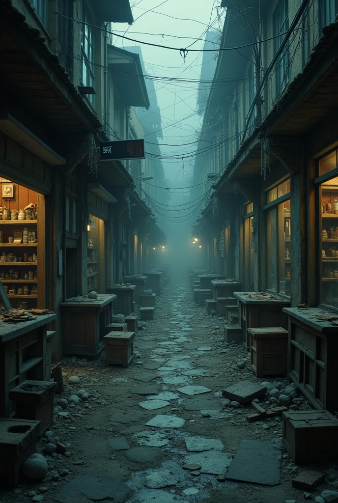 Abandoned shops, inside there is a scary atmosphere, things inside the shop are scattered.