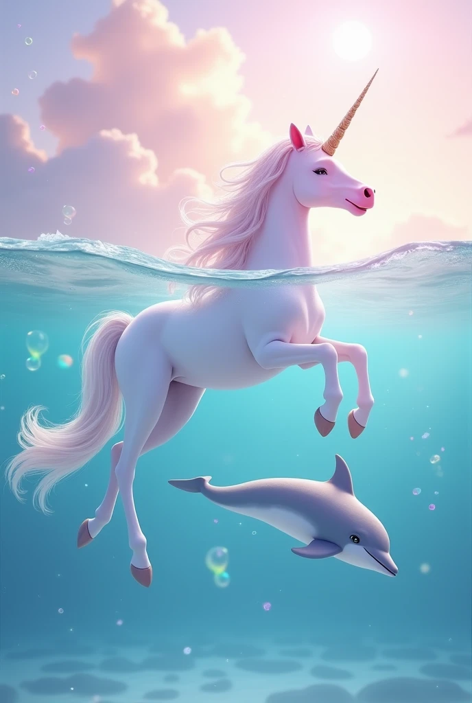 Unicorn swim with dolphin in the pastel sea