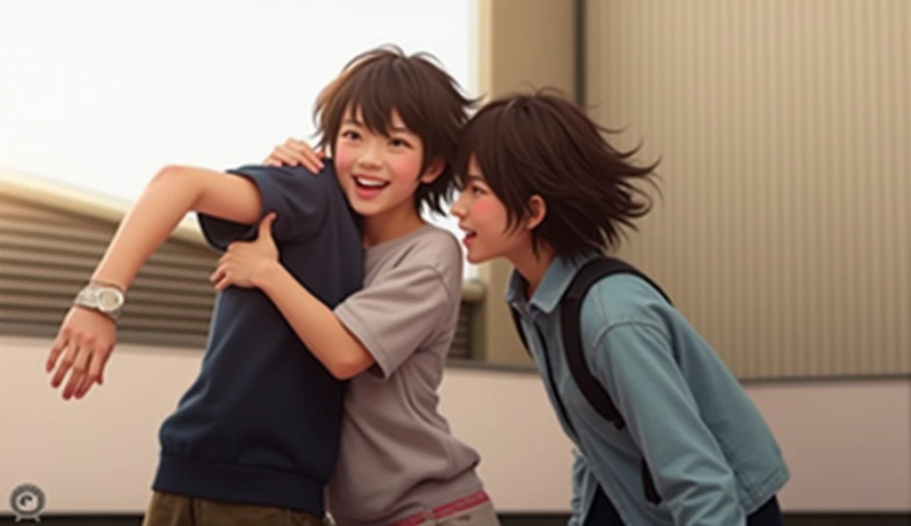 Cute Japanese teens playing with guys