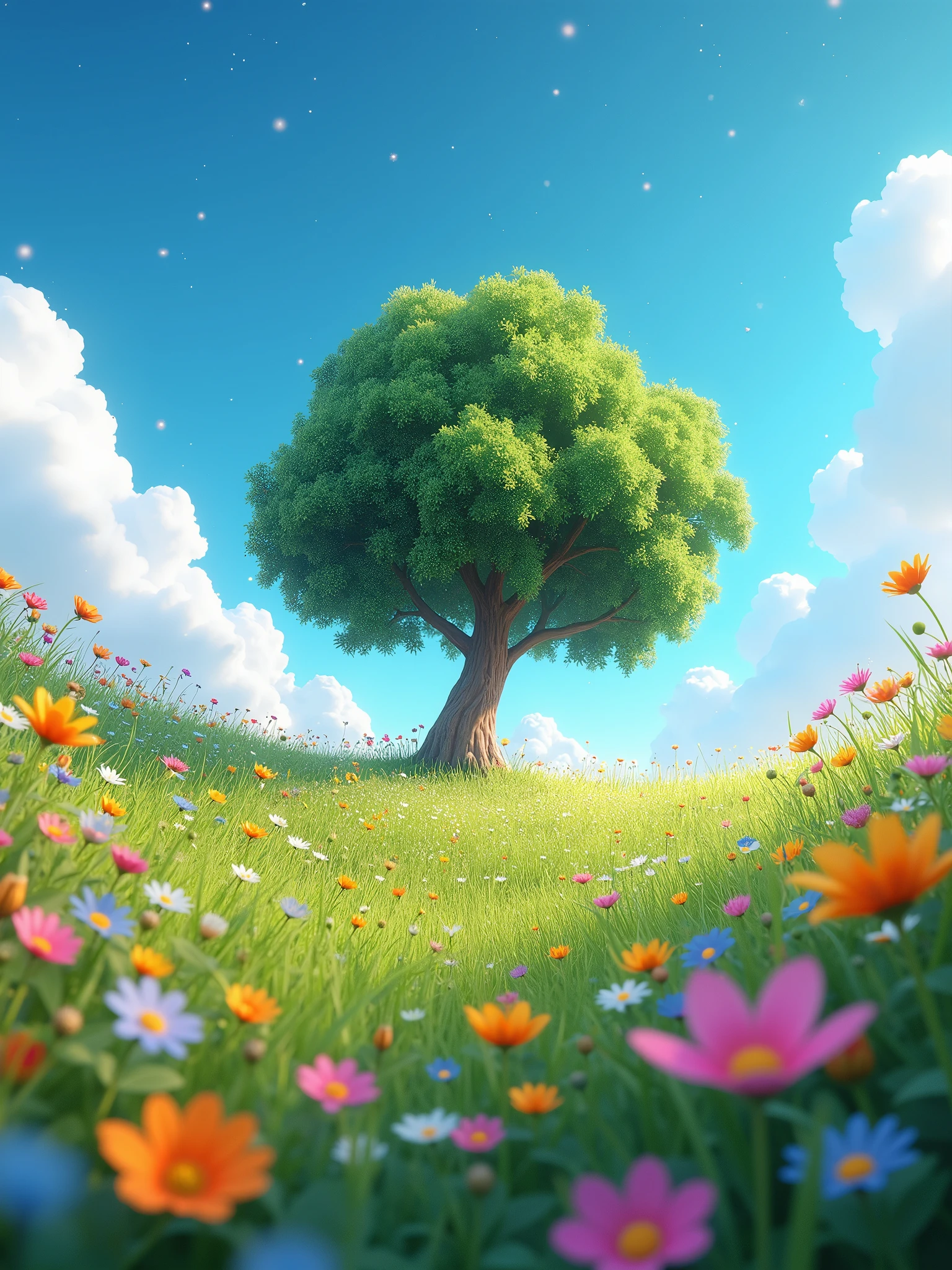 Viral anime nature wallpaper in 4K quality, in the style of Pixar 3D inspired by Toy Story, showcasing a lush meadow filled with colorful wildflowers, a clear blue sky with fluffy clouds, and a single majestic tree standing in the middle; bright and cheerful color temperature, cosmos lighting with stars twinkling in the sky, no human characters, the atmosphere is whimsical and joyful
