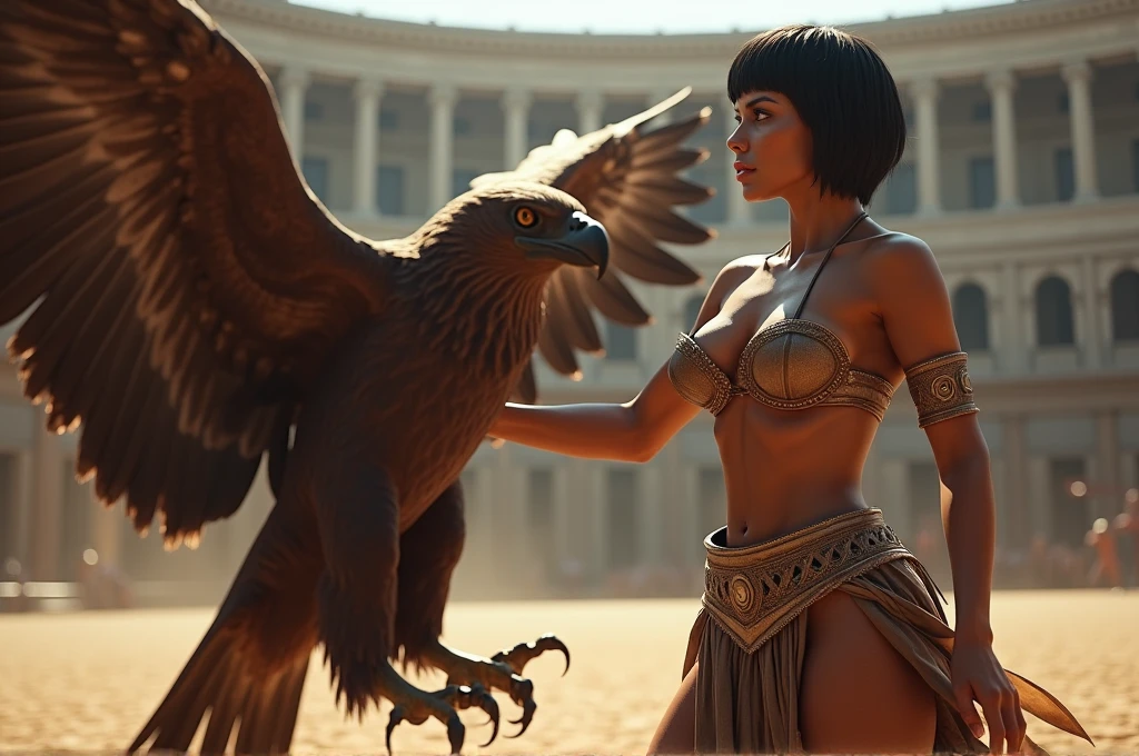 (RAW photo), (Realistic,24k), (photo-realistic), ultra high resolution, masterpiece, highest quality, portrait, facial portrait, perfect lighting, detailed lighting, dramatic shadow, ray tracing, 1 beautiful slave girl, , ((Idol face)), perfect anatomy, dark skin, Voluptuous, cleavage, symmetrical eyes, beautiful detailed brown eyes, chubby lips, big thick thighs, abs, muscle, shortcut hair, black hair, half open mouth, ((wearing a erotic Gladiator costume)), ((in Rome Arena)), (((fight with big eagle))),