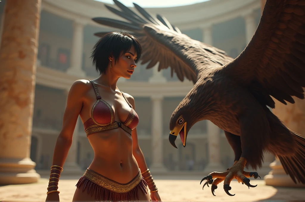 (RAW photo), (Realistic,24k), (photo-realistic), ultra high resolution, masterpiece, highest quality, portrait, facial portrait, perfect lighting, detailed lighting, dramatic shadow, ray tracing, 1 beautiful slave girl, , ((Idol face)), perfect anatomy, dark skin, Voluptuous, cleavage, symmetrical eyes, beautiful detailed brown eyes, chubby lips, big thick thighs, abs, muscle, shortcut hair, black hair, half open mouth, ((wearing a erotic Gladiator costume)), ((in Rome Arena)), (((fight with big eagle))),