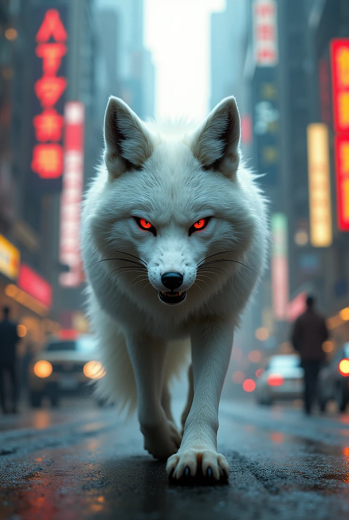Articfox walking in city angry mood with red eyes