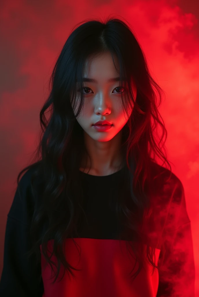 A  Korean girl in a black and red sweatshirt and black long hair, so long hair, red smoke background 