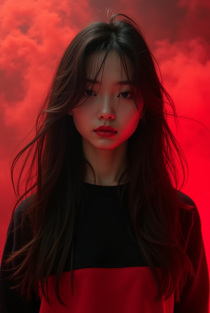 A Korean girl in a black and red sweatshirt and black long hair, so long hair, red smoke background