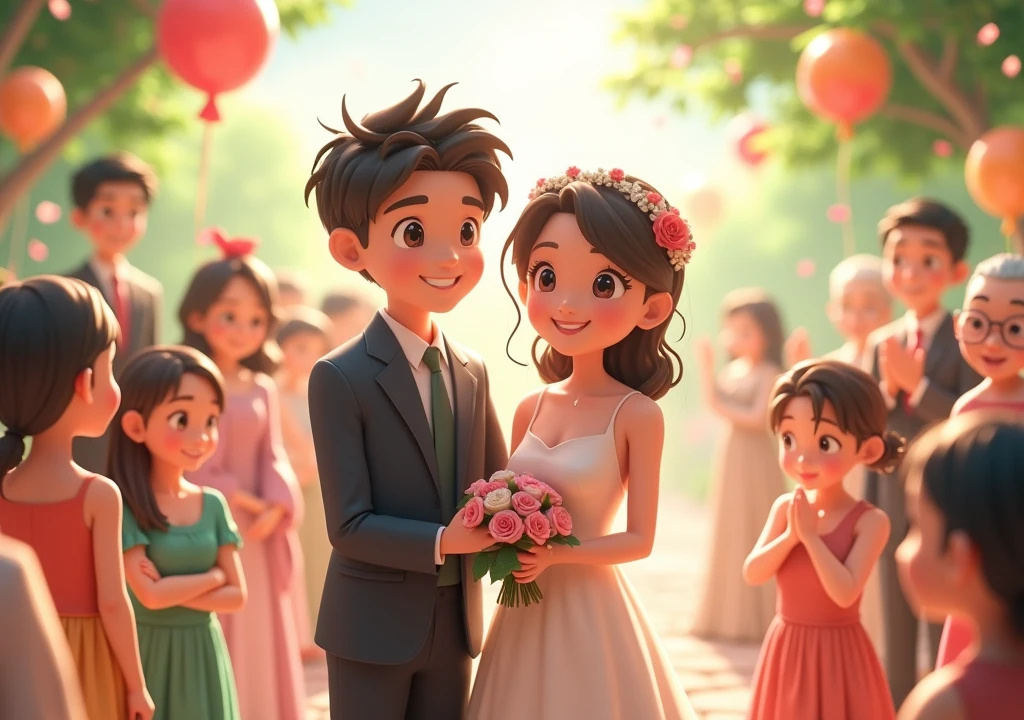 A YouTube thumbnail , size 1920×1080, an 3D anime of Celebration of a marriage anniversary, with family members in background, add text in the middle "Marriage Anniversary ho to eisa"