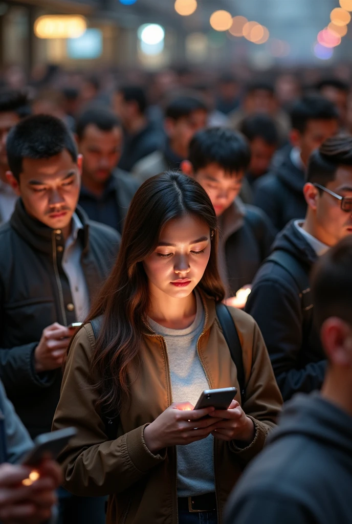 Many people together with a phone in their hand using it a little apart 