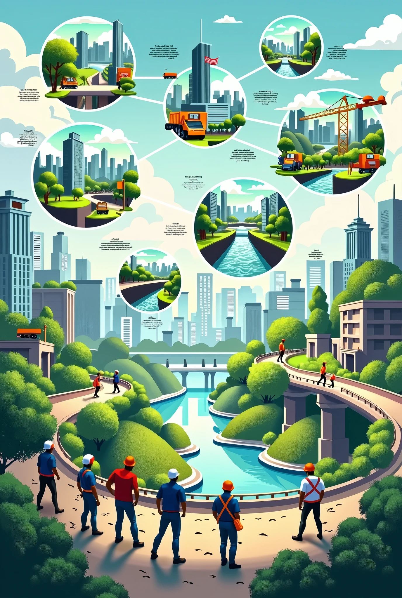create a poster of civil engineering showing how it is helping the environment add pictures and add senerios in bubbles in english explain what is happening in each bubble in english