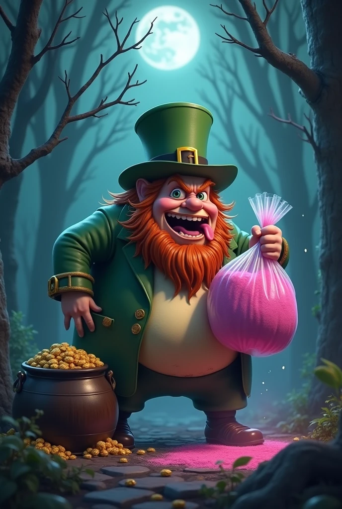 an elf (of those who have pots of gold and clovers and this leprechaun must be fat and grumpy, with beard) holding a large plastic bag in only one hand (like a ziploc bag) containing pink powder inside. The background must be in a forest at night with the moon (mean moon), fog and stars (that look like dots). The elf must stick out his tongue laughing. Make the leprechaun have a pot of gold next to him.