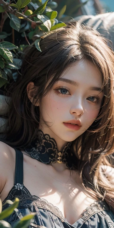 masterpiece: 1.2, Portraiture, Highest quality), Realistic, (Live Action, Intricate details, Written boundary depth), Highest quality, masterpiece, Attention to detail, semi-Realistic, Sleeping on the grass, shy, 2, Short blonde, blue eyes, blonde、 Slim figure、Shoulder Bare、Shorts 、Blue sky and a few clouds、Rolling on the lawn