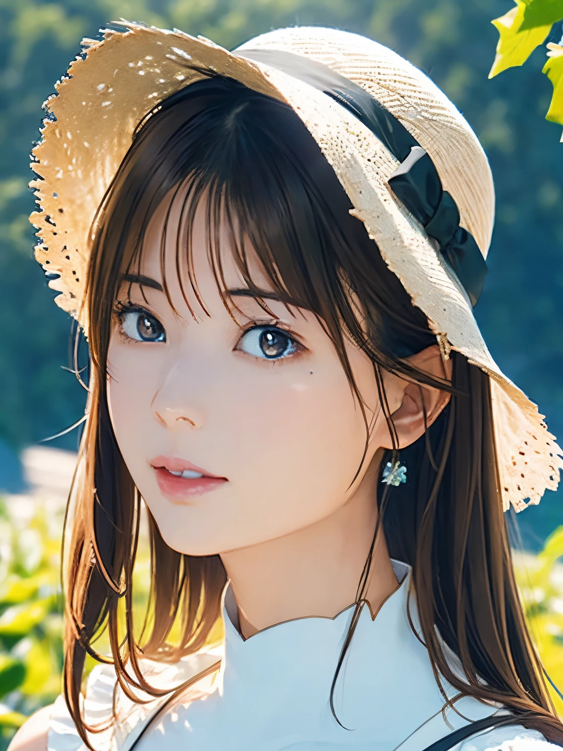 High resolution, 8k, Highest quality, detailed, Semi-realistic anime, Anime 3D Style, Smooth anime CG, One Girl, A 20-year-old Japanese woman, slim, Modeled, Shiny brown hair, detailedな顔, Beautiful and detailed, Glowing Skin, Hard Focus、Film Grain, Soft lighting, Looking at the audience, Laughter, (A woman wearing a simple dress and straw hat), green々Hilly region with vineyards、Enjoying wine under a clear blue sky