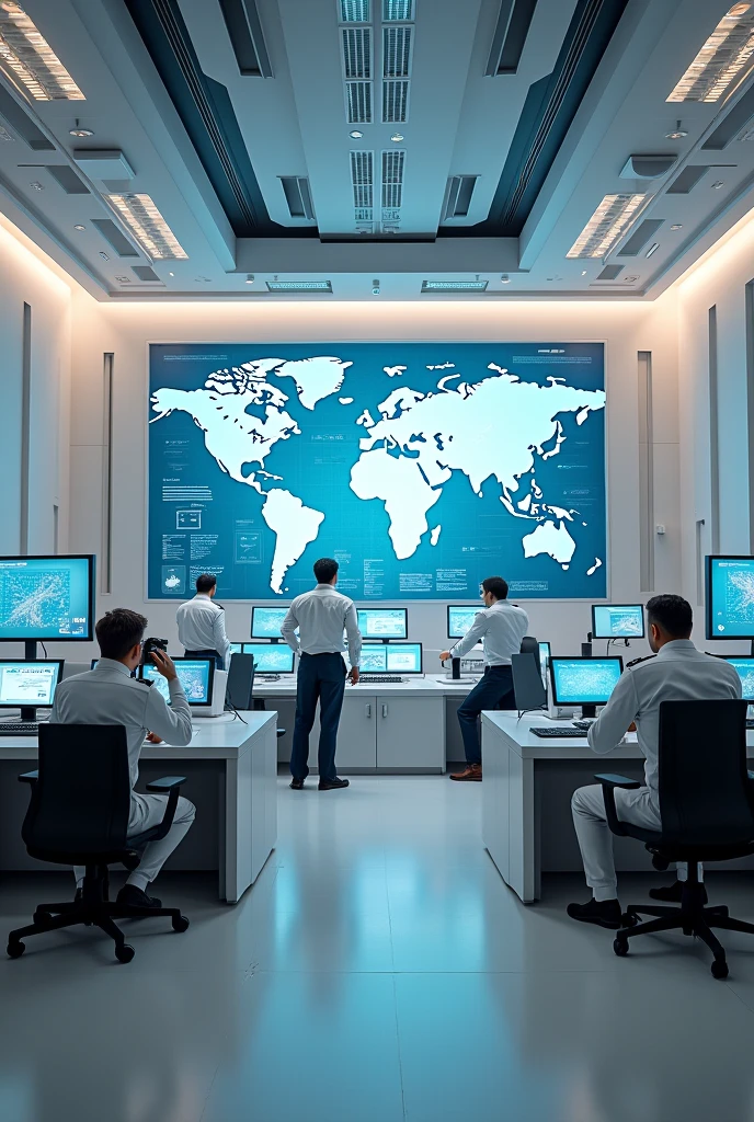 War room, commands and controls room, military, soldier's, big screens, white theme, lights in room,