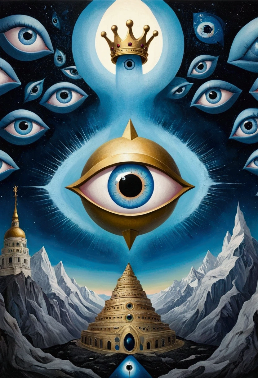 There is a blue eye in the painting，Wearing a golden crown, Andrei Korkutin (Andrei Kolkoutine) Surrealism, Winner of the Behance competition, Pop surrealism, Portrait of a mysterious giant eye, All-Seeing Eye, eyeball, All-Seeing Eye, s eyes, void eyeballs, Futuristic ballroom. big eyess, big eyes, The Third Eye, Third Eye Vision