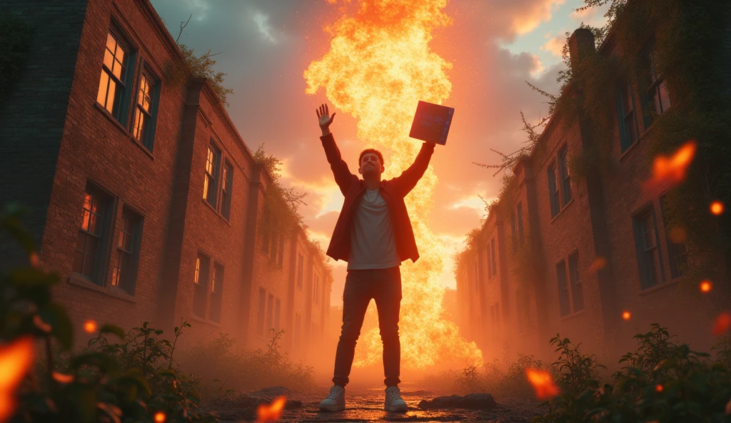  "Create an ultra-realistic, ultra-3D YouTube thumbnail with a cinematic feel, featuring the main character standing heroically in the midst of an abandoned, overgrown university campus. The character should be depicted from a low angle, making them appear larger-than-life, with a glowing, holographic notebook held high, casting bright, radiant light across the scene. Surrounding the character are detailed, crumbling buildings and vines overtaking structures, with embers and dust particles floating in the air for added depth. Use dynamic lighting, with dramatic sunbeams breaking through stormy clouds, highlighting the character’s determined expression. The text 'RISE FROM THE ASHES' should be in ultra-bold, 3D letters, appearing as if forged from molten metal, with smoke and sparks trailing off, enhancing the fiery theme."
