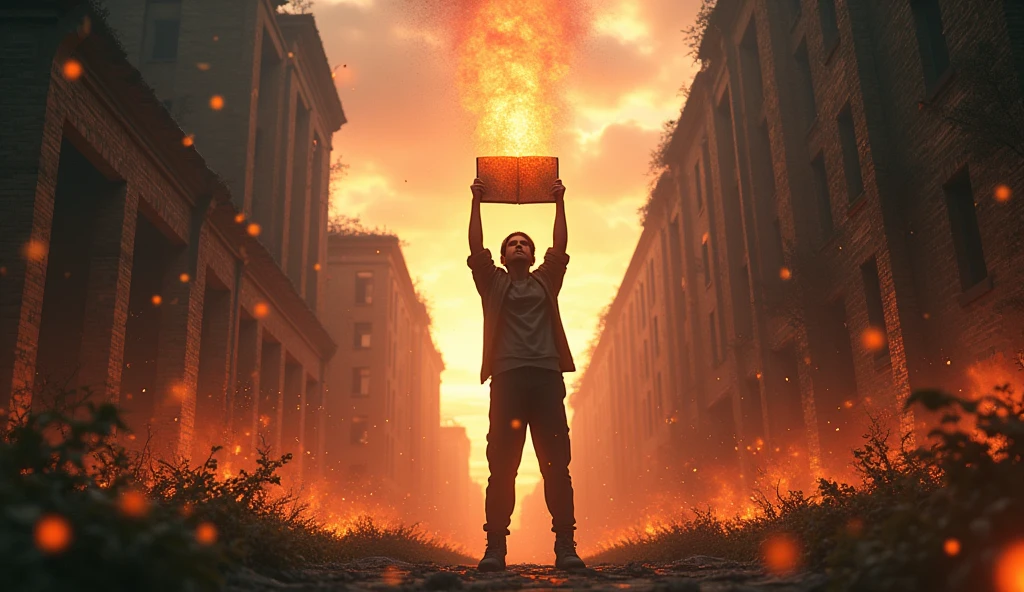  "Create an ultra-realistic, ultra-3D YouTube thumbnail with a cinematic feel, featuring the main character standing heroically in the midst of an abandoned, overgrown university campus. The character should be depicted from a low angle, making them appear larger-than-life, with a glowing, holographic notebook held high, casting bright, radiant light across the scene. Surrounding the character are detailed, crumbling buildings and vines overtaking structures, with embers and dust particles floating in the air for added depth. Use dynamic lighting, with dramatic sunbeams breaking through stormy clouds, highlighting the character’s determined expression. The text 'RISE FROM THE ASHES' should be in ultra-bold, 3D letters, appearing as if forged from molten metal, with smoke and sparks trailing off, enhancing the fiery theme."