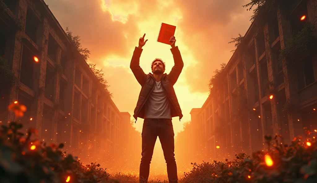 "Create an ultra-realistic, ultra-3D YouTube thumbnail with a cinematic feel, featuring the main character standing heroically in the midst of an abandoned, overgrown university campus. The character should be depicted from a low angle, making them appear larger-than-life, with a glowing, holographic notebook held high, casting bright, radiant light across the scene. Surrounding the character are detailed, crumbling buildings and vines overtaking structures, with embers and dust particles floating in the air for added depth. Use dynamic lighting, with dramatic sunbeams breaking through stormy clouds, highlighting the character’s determined expression. The text 'RISE FROM THE ASHES' should be in ultra-bold, 3D letters, appearing as if forged from molten metal, with smoke and sparks trailing off, enhancing the fiery theme."