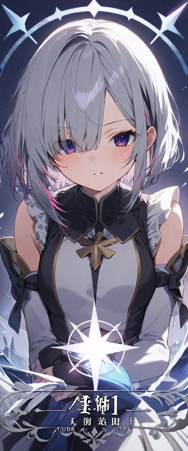 (musterpiece), (best quality),
Tarot Cards、major arcana, Force,
1 girl, solo, vtuber style, cool girl, hololive, vtuber, amane kanata, multicolored hair, grey hair, short hair, purple eyes,