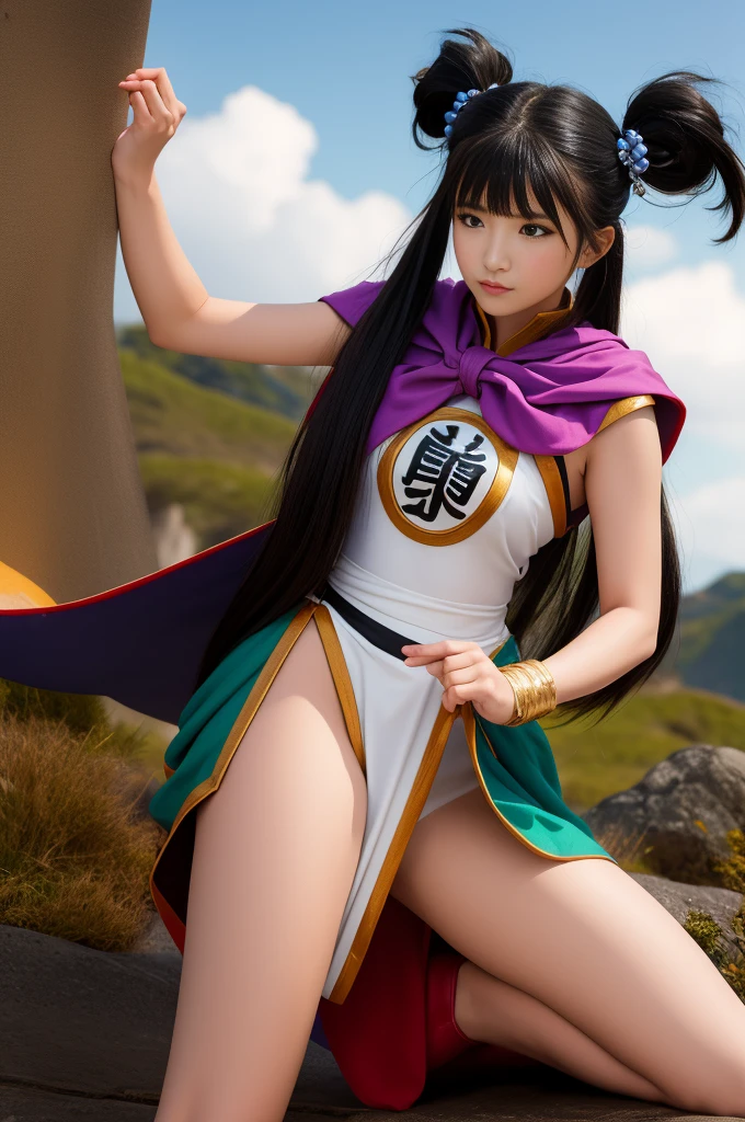 (masterpiece, Highest quality:1.1), Warrior (dq3), 1 person, alone, Long Hair, Twin tails, Looking at the audience, Black Hair, hair ornaments, Medium chest, Mouth closed, Cowboy Shot, black eye, Raise your arms, Chinese Language Services, Hair Bobble, Clenched hands, Preparing for battle, Simple Yin Yang background,Leg spread、Visible underwear、Photograph the whole body