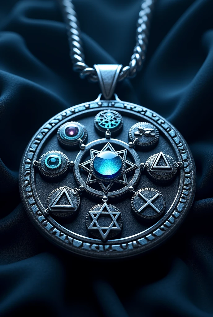 (Photorealism: 1.2), facing 5 Wicca amulets, Star of David, Tetragrammaton, Turkish eye, powerful pendant style, deep blue and silver color, mystical