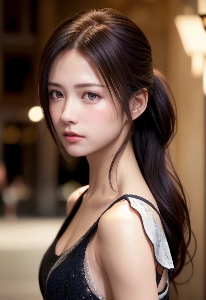 8K, of the highest quality, masutepiece:1.2), (Realistic, Photorealsitic:1.37), of the highest quality, masutepiece, Beautiful young woman, Pensive expression, Thoughtful look, Elegantly dressed, Hair tied back, Messy mood, Cinematic background, Tired, Light skin tone
