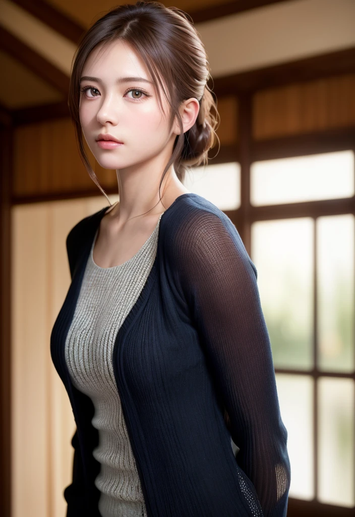 8K, of the highest quality, masutepiece:1.2), (Realistic, Photorealsitic:1.37), of the highest quality, masutepiece, Beautiful young woman, Pensive expression, Thoughtful look, Elegantly dressed, Hair tied back, Messy mood, Cinematic background, Tired, Light skin tone