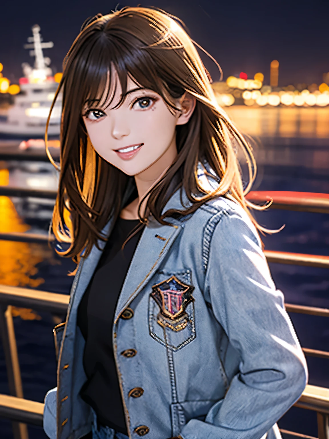 High resolution, 8k, Highest quality, detailed, Semi-realistic anime, Anime 3D Style, Smooth anime CG, One Girl, A 20-year-old Japanese woman, slim, Modeled, Shiny brown hair, detailedな顔, Beautiful and detailed, Glowing Skin, Hard Focus、Film Grain, Soft lighting, Looking at the audience, Laughter, (A woman wearing a casual jacket and jeans), Port town at night、City lights reflected in the sea and anchored ships