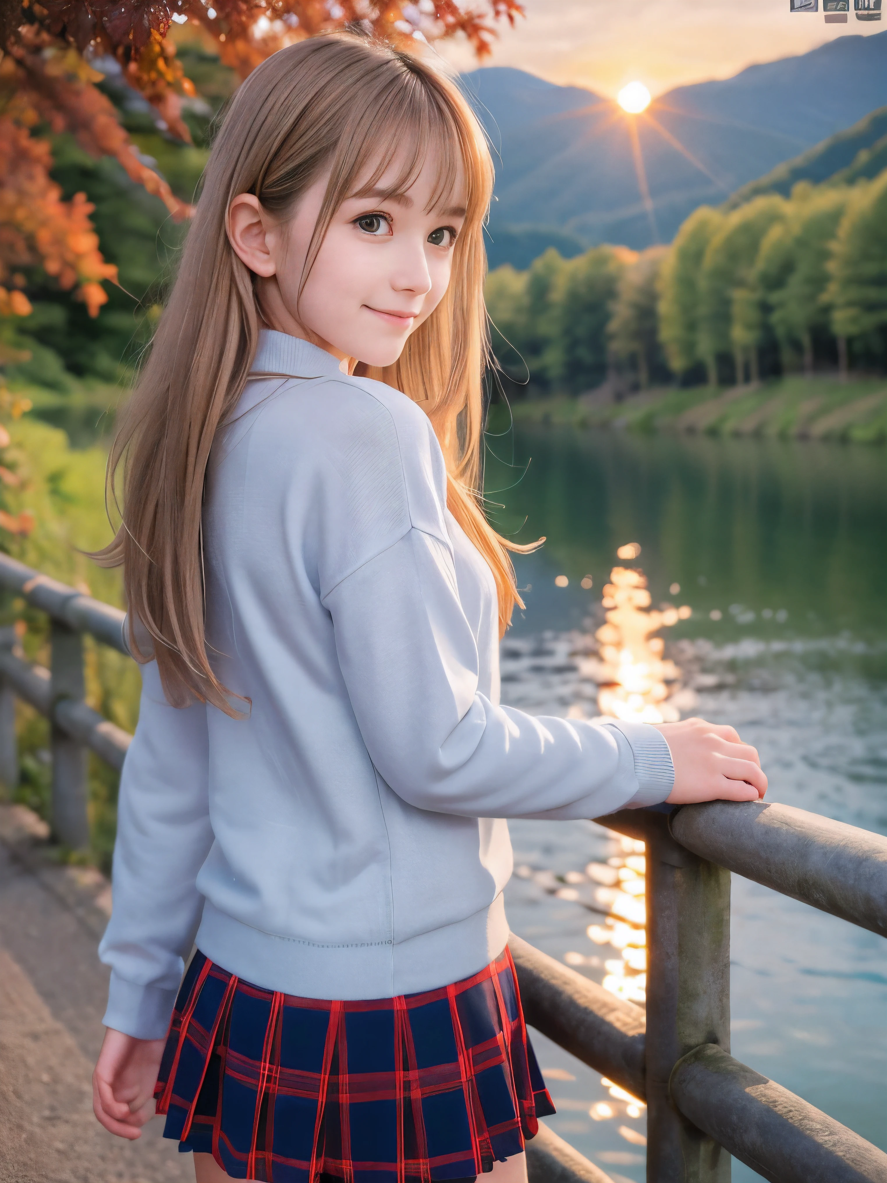 (Close up face shot of one slender small breasts half up blonde long hair with bangs girl in a long sleeves shirt and sweater and skirt:1.5)、(One blonde hair girl is dlooking back with sad smile on the dart road near the lake and big waterfall in Japan:1.5)、(Beautiful sunset time with autumn red leaves and mountain:1.5)、(Natural light:1.5)、(8k ultra detailed master piece:1.5)、(perfect anatomy:1.5)、(Photorealistic stick:1.5)、(Raw photo:1.3)、(highest quality:1.5)、(High resolution:1.3)、(Delicate and beautiful perfect face:1.3)、(Delicate and beautiful eye air skin:1.3)、(Real Human Skin:1.3)、((thin legs))
