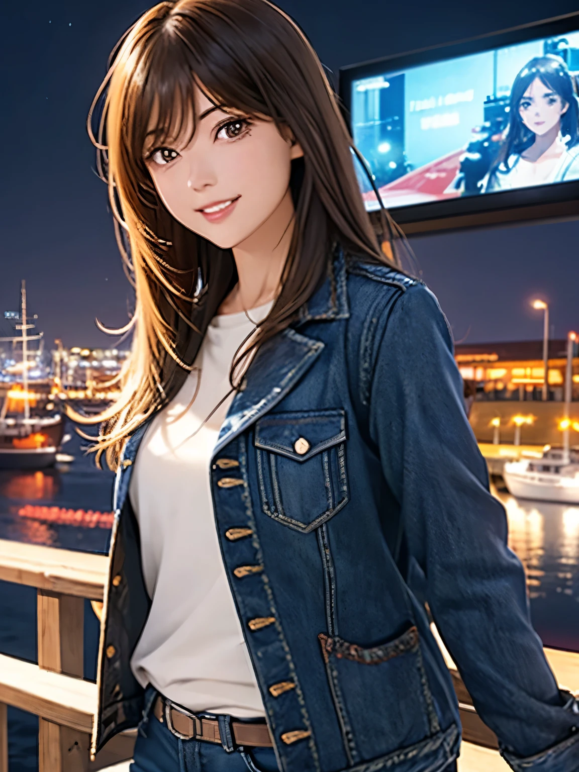 High resolution, 8k, Highest quality, detailed, Semi-realistic anime, Anime 3D Style, Smooth anime CG, One Girl, A 20-year-old Japanese woman, slim, Modeled, Shiny brown hair, detailedな顔, Beautiful and detailed, Glowing Skin, Hard Focus、Film Grain, Soft lighting, Looking at the audience, Laughter, (A woman wearing a casual jacket and jeans), Port town at night、City lights reflected in the sea and anchored ships