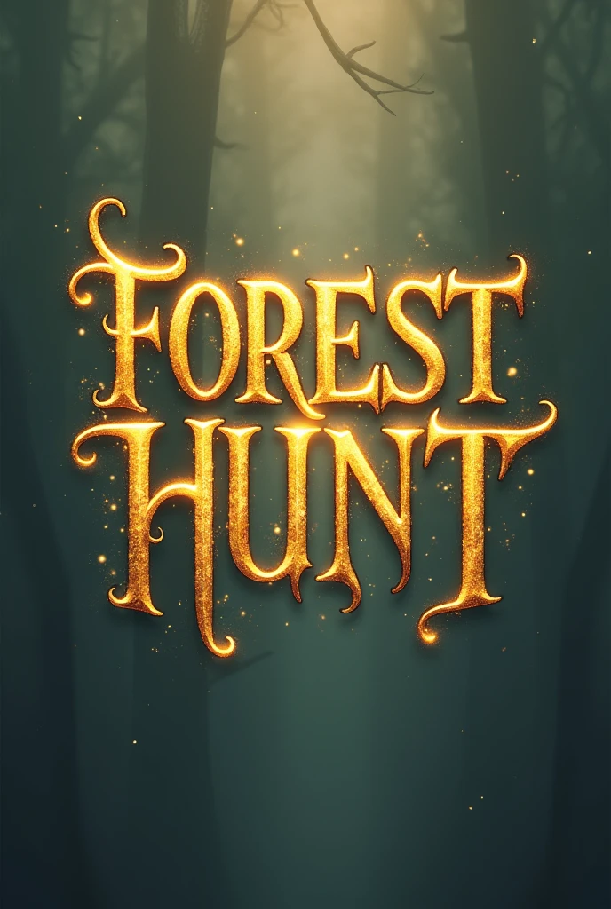 Create logo with the word Forest Hunt in a mystic & fantasy style. Font should be golden with enchanted vibe. Background should be plain