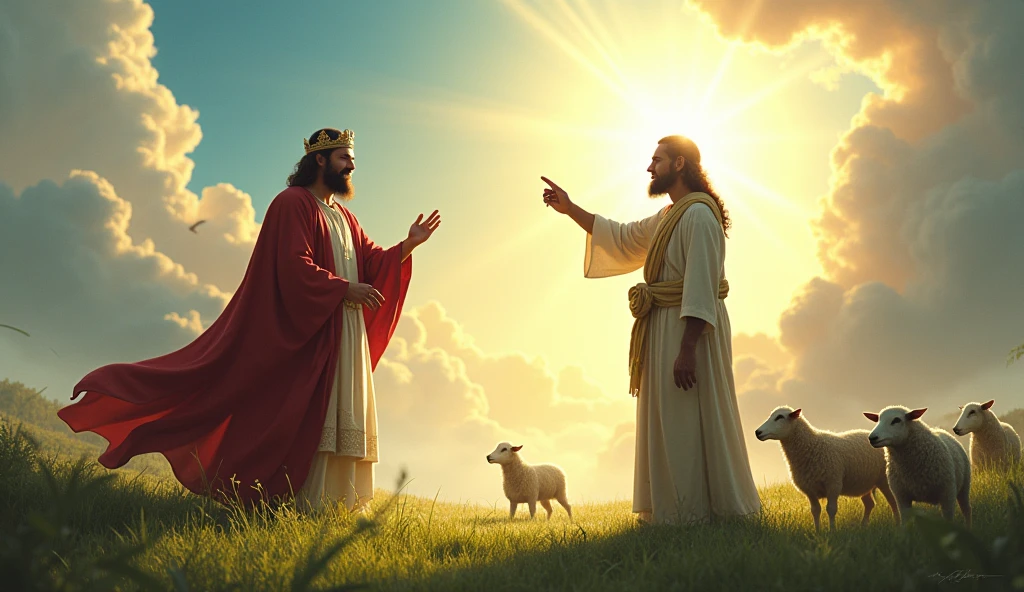 Crie uma cena vibrante e realista que represente o momento em que GOD aponta para Jó, in a heavenly setting. No fundo, a majestic representation of the sky, with soft clouds and divine light radiating. En el centro de la imagen, GOD, with an expression of pride and benevolence, looking at Satan, that presents itself in a cunning and dark way, but intrigued. ahead, retrate Good, a man with noble features and a serene aura, dressed in simple clothes, but worthy, em um campo verdejante, surrounded by sheep and a soft light that highlights it. Job's expression should reflect integrity and faith, as he looks up at the sky, symbolizing your connection with the divine. The scene must capture the duality of good and evil, with details that emphasize Job's purity and Satan's cunning.