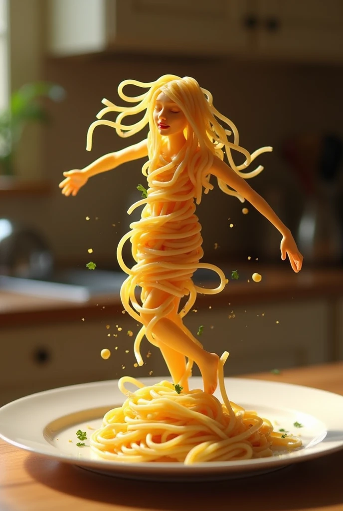 Create a whimsical and  artistic scene featuring a single human -like figure made entirely of spaghetti this figure should appear to be dancing gracefully on a plate background should despite cozy kitchen settings 