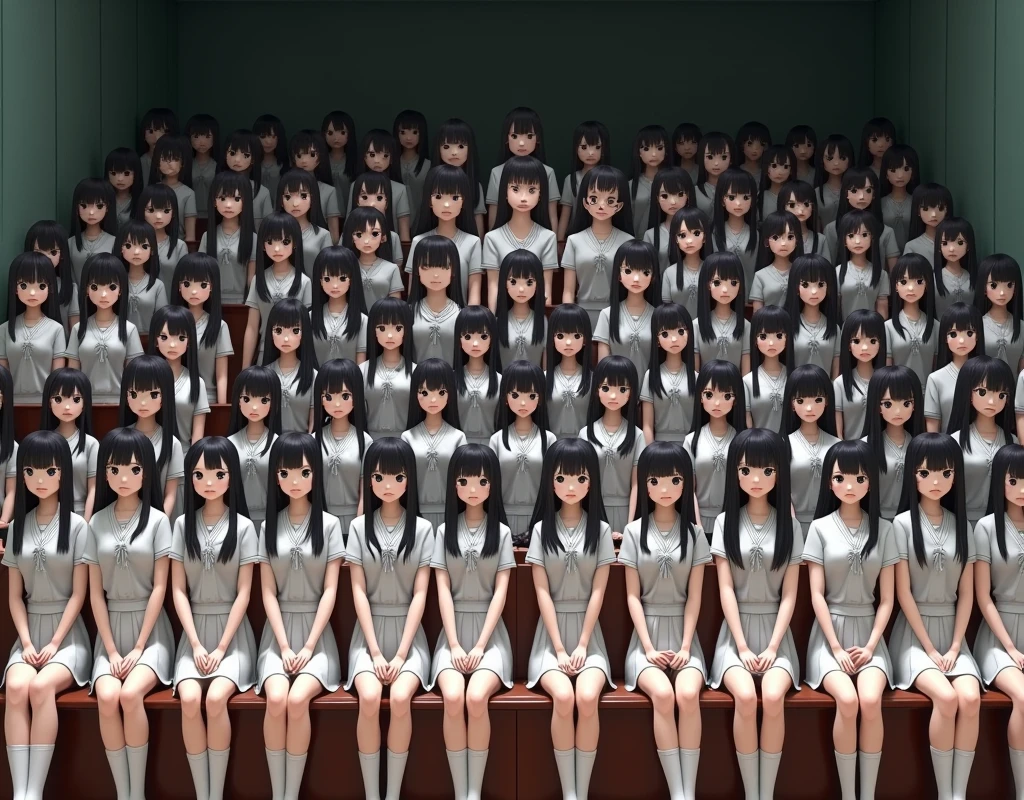 (Japanese Clone-girls=Myself), (Super Best masterpiece Clone-girls Raw Photography Art), (16K, Highest quality, Ultra-high resolution, RAW Photos), (It's so unrealistic., With unparalleled depiction, With an unfathomable sight, An unprecedented and shocking worldview, Clone-girls: In a world of mass reproduction, Ultra-realistic), (Japanese Girls, , Small face, Thick black hair, long hair, Dark Eyes, Mature face, Cute Smile, Smiling face, A gentle gaze, Very pleasant look), (Very beautiful detailed girls, Accurate body structure, Accurate body movements, Very detailed body, (Super big breasts, Large bulge of ample breasts)), ((Schoolgirl uniform, Short sleeve, mini skirt, Emphasise the fullness of your breasts)), (Very detailed, Myself cloning, Depiction of splitting oneself, 1Myself girl→1,000,000,000,000,000,000,000,000,000,000Myself cloning girls), (Myself clone girlsは, With the same perfect appearance without any difference, to multiply in large numbers), (Very detailed depiction, Myself's multiplying female body, In the same female body,With the same face, With the same hairstyle, In the same clothes, At the same height, 同じSuper big breastsで, The same female body that is completely indistinguishable, 1,000,000,000,000,000,000,000,000,000,000 people), (Myself girls only), (Academy, academic level, Commemorative photo depiction, Tiered stage photography, Happy smile, Front view)
