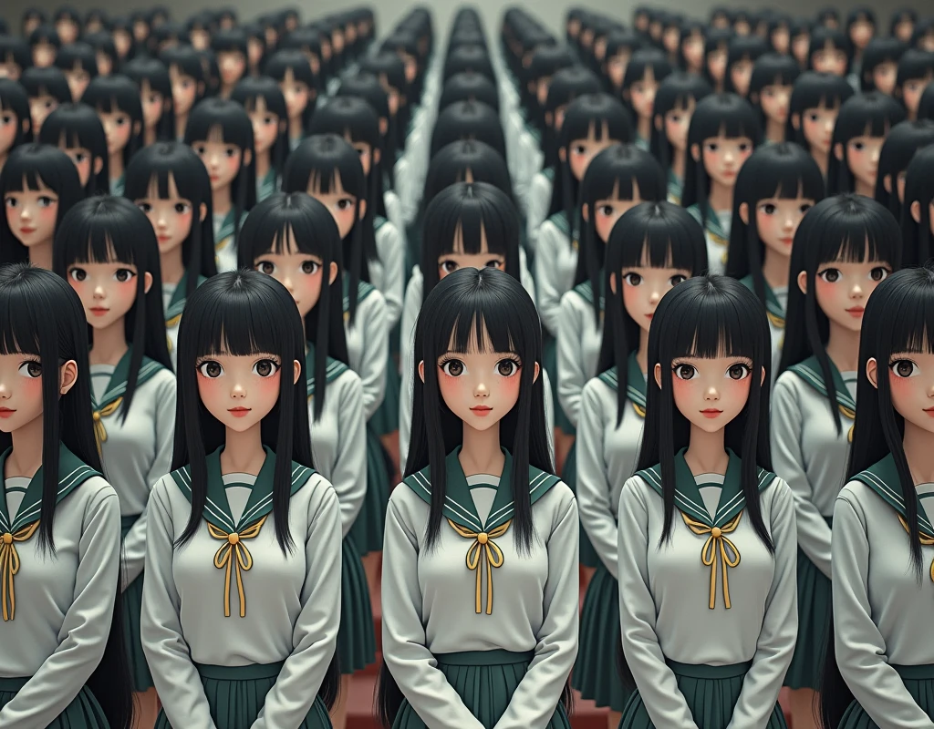 (Japanese Clone-girls=Myself), (Super Best masterpiece Clone-girls Raw Photography Art), (16K, Highest quality, Ultra-high resolution, RAW Photos), (It's so unrealistic., With unparalleled depiction, With an unfathomable sight, An unprecedented and shocking worldview, Clone-girls: In a world of mass reproduction, Ultra-realistic), (Japanese Girls, , Small face, Thick black hair, long hair, Dark Eyes, Mature face, Cute Smile, Smiling face, A gentle gaze, Very pleasant look), (Very beautiful detailed girls, Accurate body structure, Accurate body movements, Very detailed body, (Super big breasts, Large bulge of ample breasts)), ((Schoolgirl uniform, Short sleeve, mini skirt, Emphasise the fullness of your breasts)), (Very detailed, Myself cloning, Depiction of splitting oneself, 1Myself girl→1,000,000,000,000,000,000,000,000,000,000Myself cloning girls), (Myself clone girlsは, With the same perfect appearance without any difference, to multiply in large numbers), (Very detailed depiction, Myself's multiplying female body, In the same female body,With the same face, With the same hairstyle, In the same clothes, At the same height, 同じSuper big breastsで, The same female body that is completely indistinguishable, 1,000,000,000,000,000,000,000,000,000,000 people), (Myself girls only), (Academy, academic level, Commemorative photo depiction, Tiered stage photography, Happy smile, Front view)