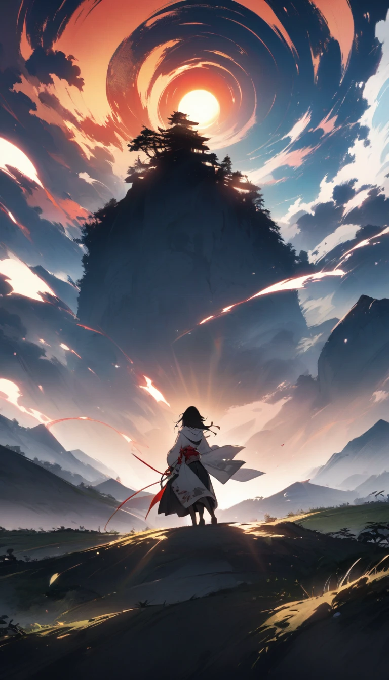 Silhouette of a hooded peasant。A landscape with the rising sun in the background、A spectacular scene that foreshadows a rise to power。