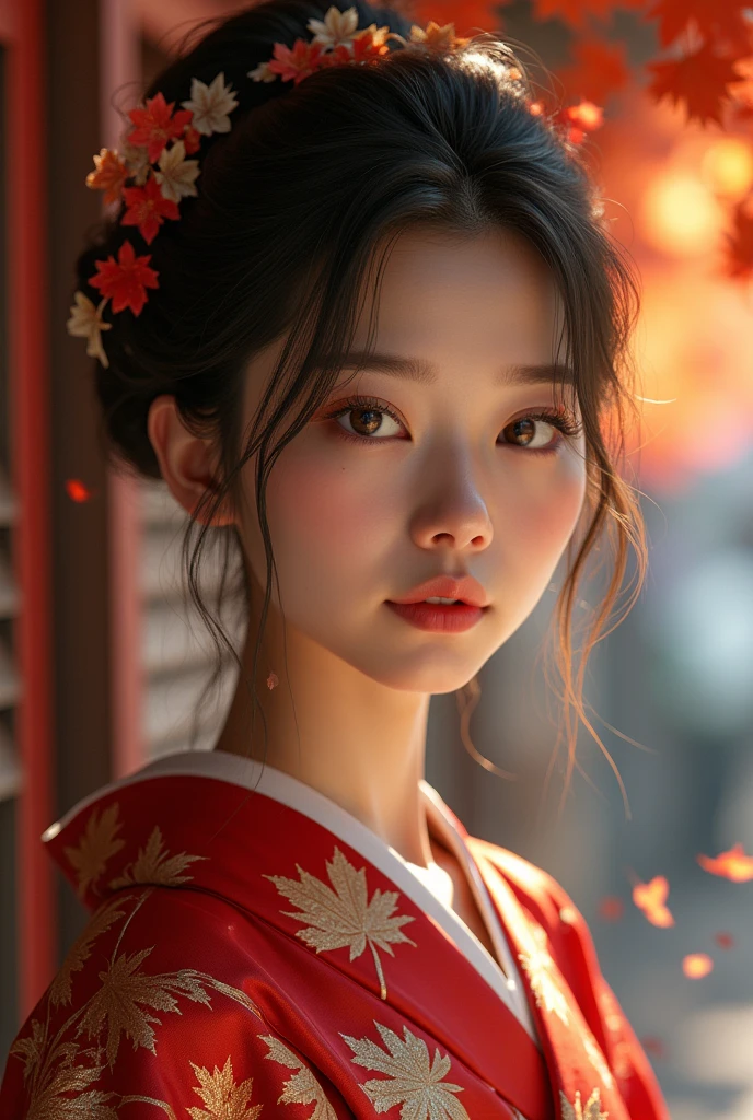(masterpiece,Highest quality:1.4),(8k,RAW Photos,Photorealistic:1.4),Ultra-high resolution, ,(Glowing Skin:1.4),Detailed肌,Detailed顔,Detailed目,(Beautiful and shining eyes:1.2),Symmetrical eyes,Detailed耳,One person,Natural Makeup,(((Idol))),,Detailed背景,Vivid background,Beautiful and shiny hair,,((Average age breasts)),,(Detailed Sexy Japanese kimono with maple leaf pattern,,Maple leaves falling background,mysterious,whole body),,((Sharp Face)),Natural light,,(Very detailed ,,online shopping,LUMINE® Market,),real,,Professional,(Detailed,Location was great.),