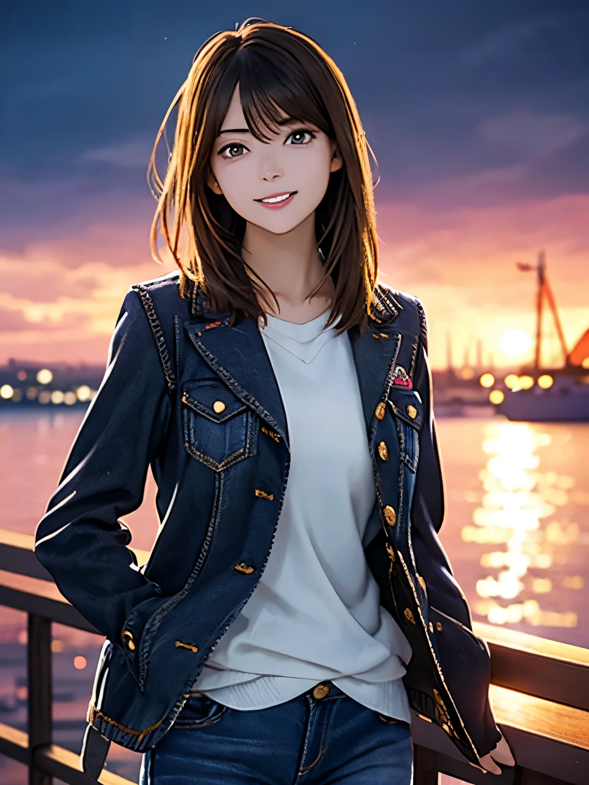 High resolution, 8k, Highest quality, detailed, Semi-realistic anime, Anime 3D Style, Smooth anime CG, One Girl, A 20-year-old Japanese woman, slim, Modeled, Shiny brown hair, detailedな顔, Beautiful and detailed, Glowing Skin, Hard Focus、Film Grain, Soft lighting, Looking at the audience, Laughter, (A woman wearing a casual jacket and jeans), Port town at night、City lights reflected in the sea and anchored ships