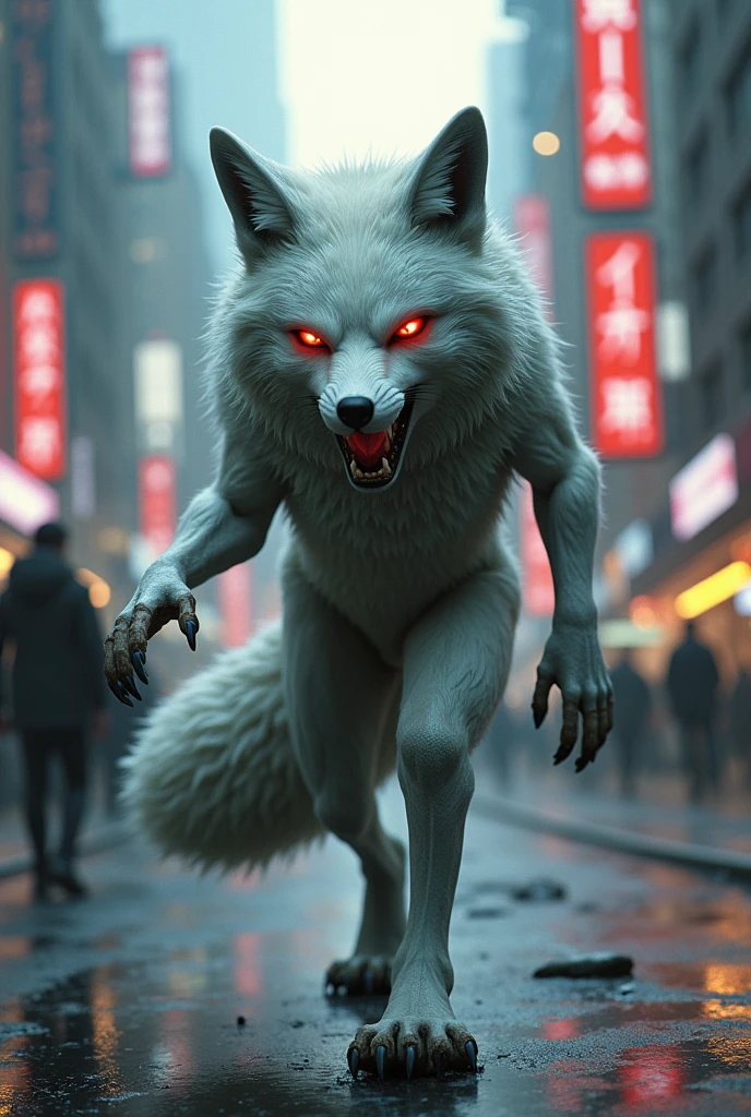 Articfox walking in city angry mood with red eyes side view