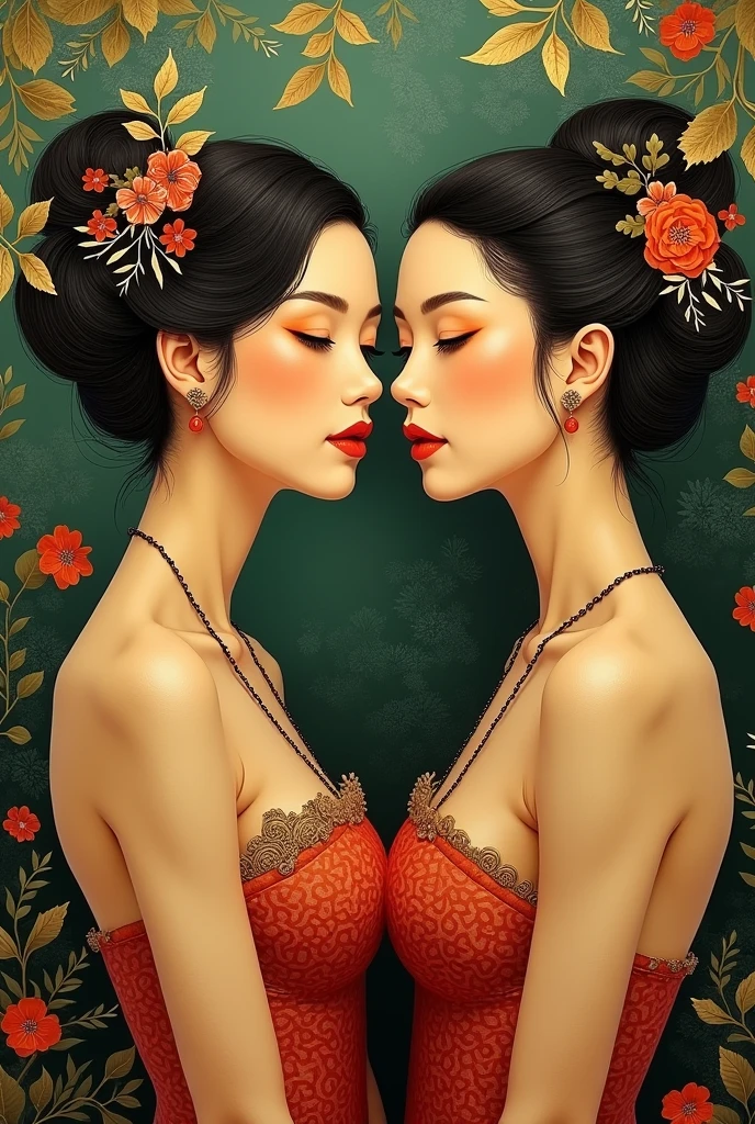 Sigiriya wall art beautiful two women in real life, gold mixed yellow skin asian